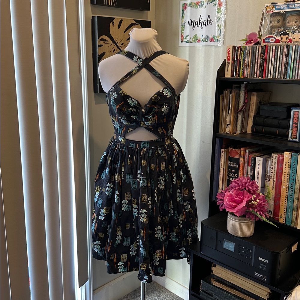 Rare Tiki Floral Cutout Dress with Cross Straps